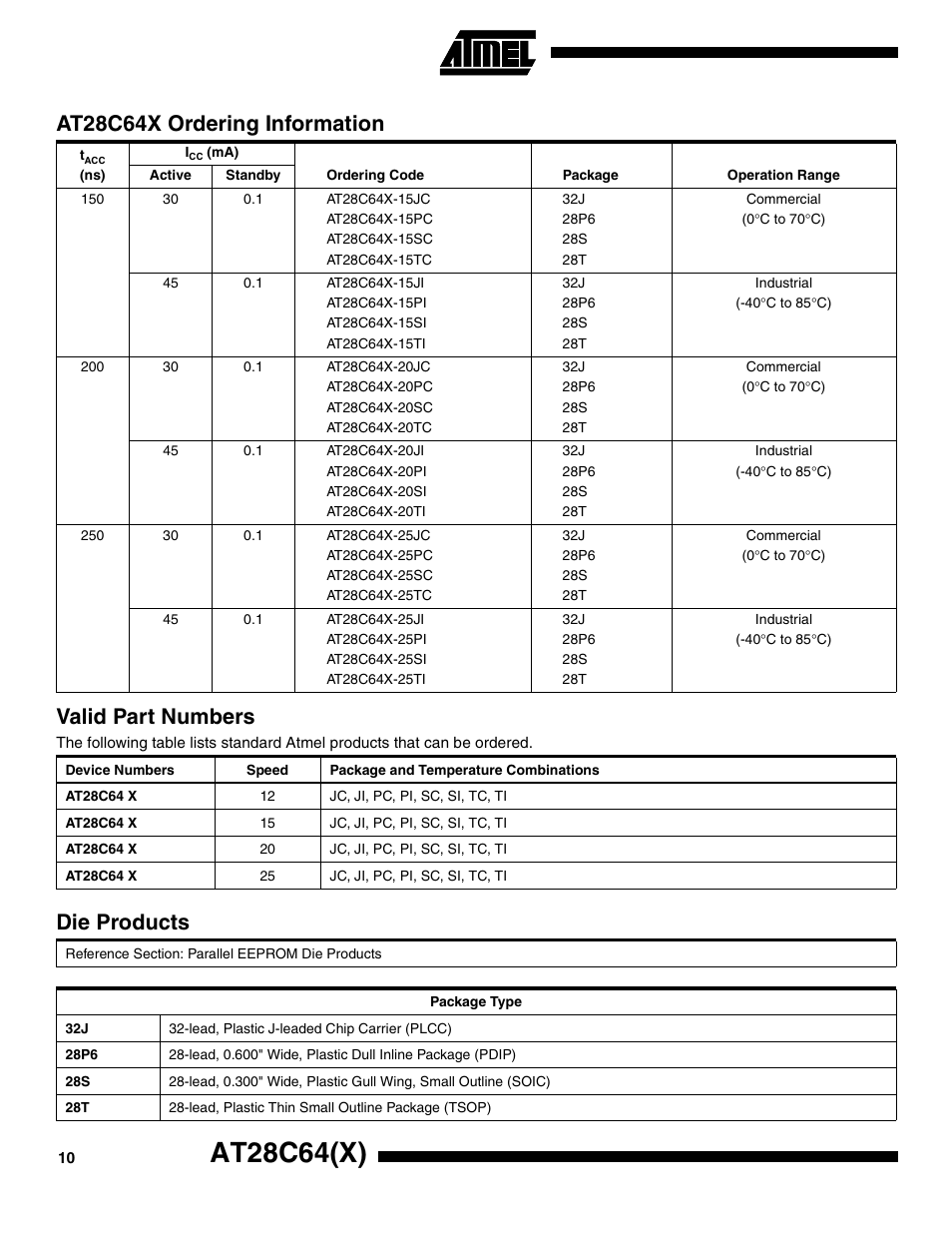 At28c64x ordering information, Valid part numbers, Die products | At28c64(x) | Rainbow Electronics AT28C64X User Manual | Page 10 / 12