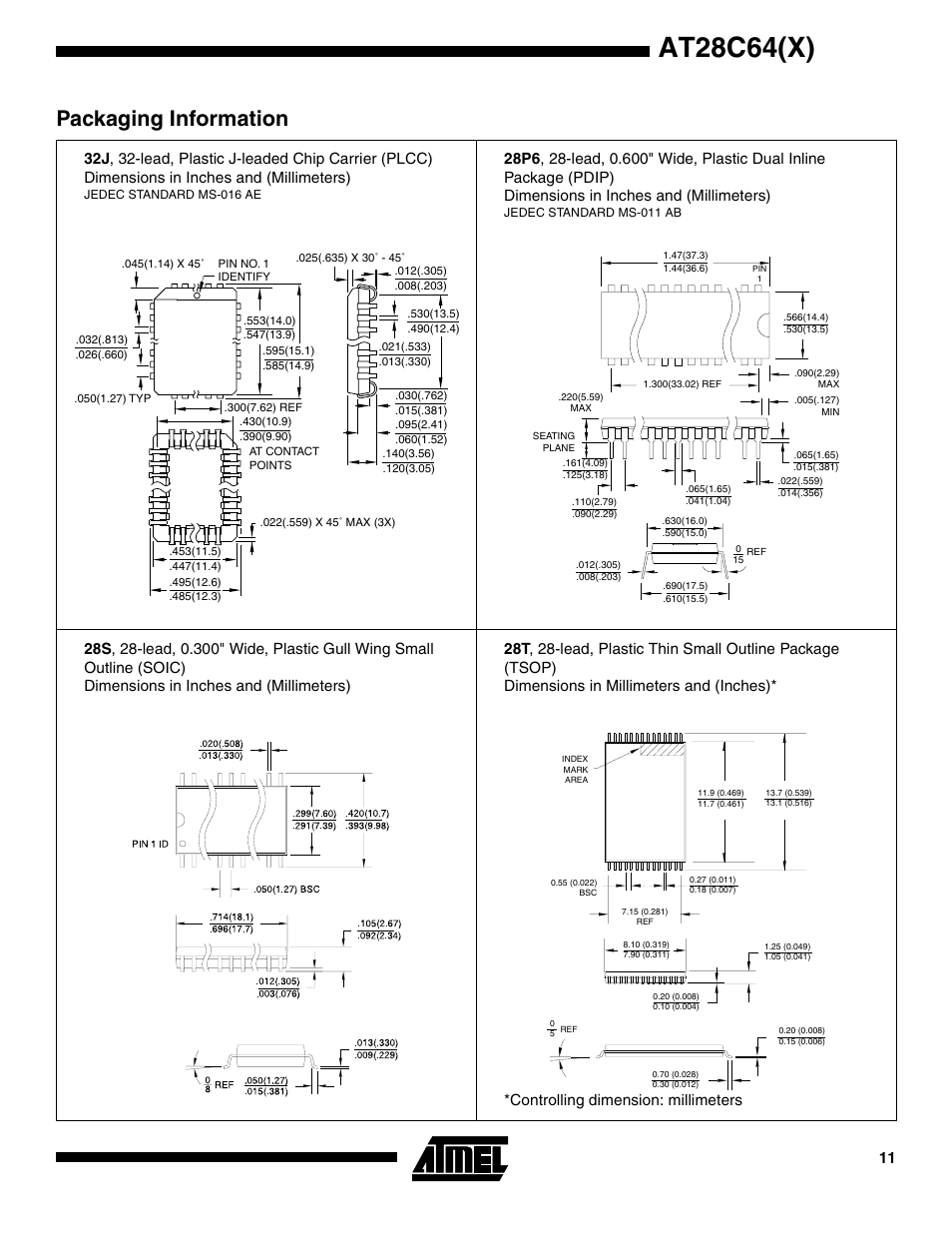 At28c64(x), Packaging information, Controlling dimension: millimeters | Rainbow Electronics AT28C64X User Manual | Page 11 / 12