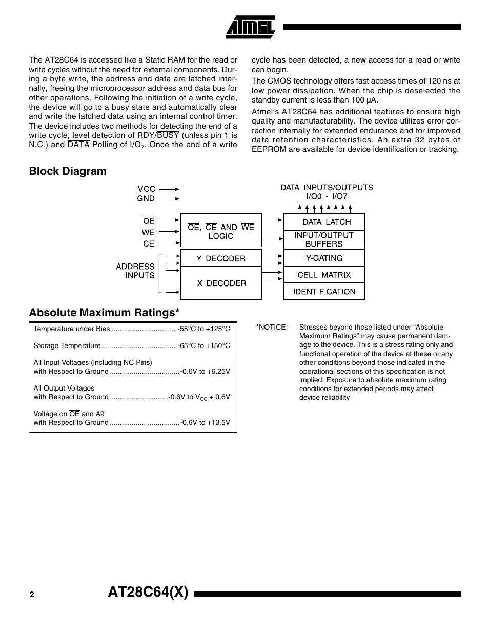 Block diagram, Absolute maximum ratings, At28c64(x) | Block diagram absolute maximum ratings | Rainbow Electronics AT28C64X User Manual | Page 2 / 12