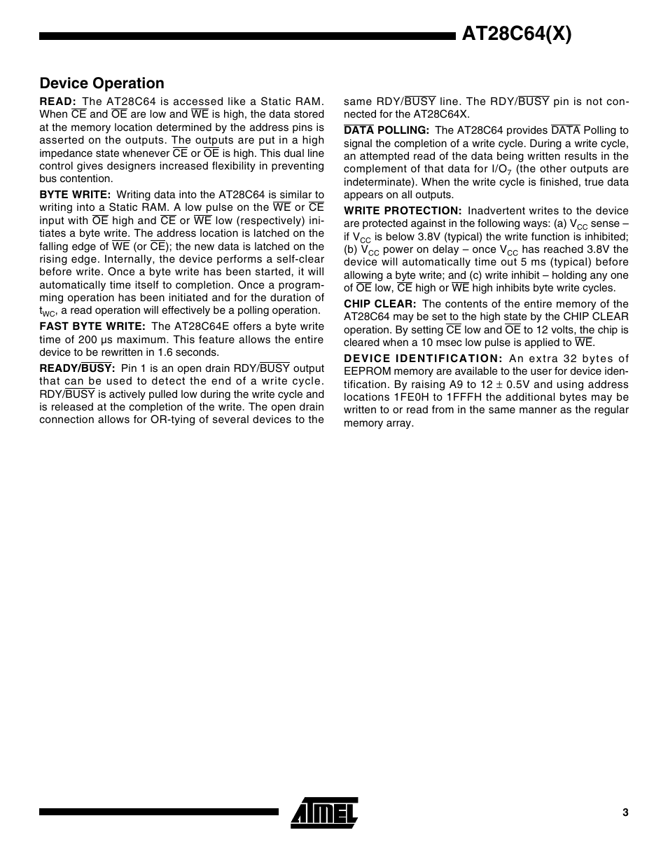 Device operation, At28c64(x) | Rainbow Electronics AT28C64X User Manual | Page 3 / 12