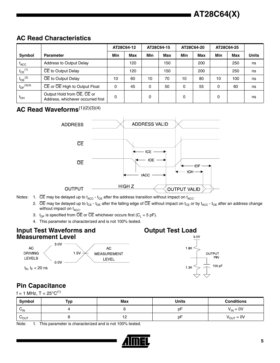 Ac read characteristics, Ac read waveforms(1)(2)(3)(4), Input test waveforms and measurement level | Output test load, Pin capacitance, At28c64(x), Ac read waveform s | Rainbow Electronics AT28C64X User Manual | Page 5 / 12