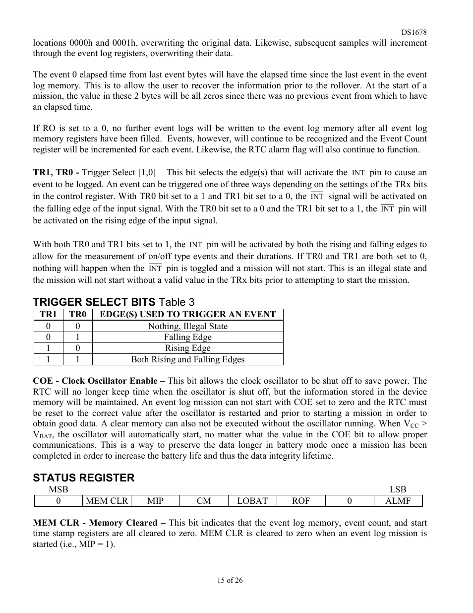Trigger select bits table 3, Status register | Rainbow Electronics DS1678 User Manual | Page 15 / 26