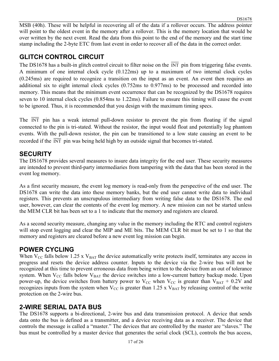 Glitch control circuit, Security, Power cycling | Wire serial data bus | Rainbow Electronics DS1678 User Manual | Page 17 / 26