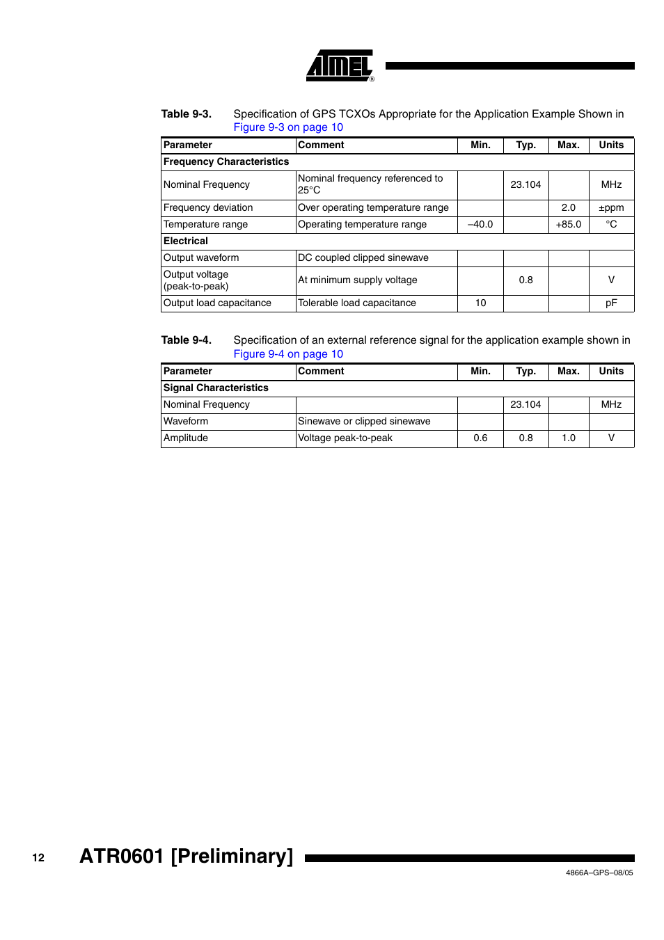 Table 9-3 on, Atr0601 [preliminary | Rainbow Electronics ATR0601 User Manual | Page 12 / 17
