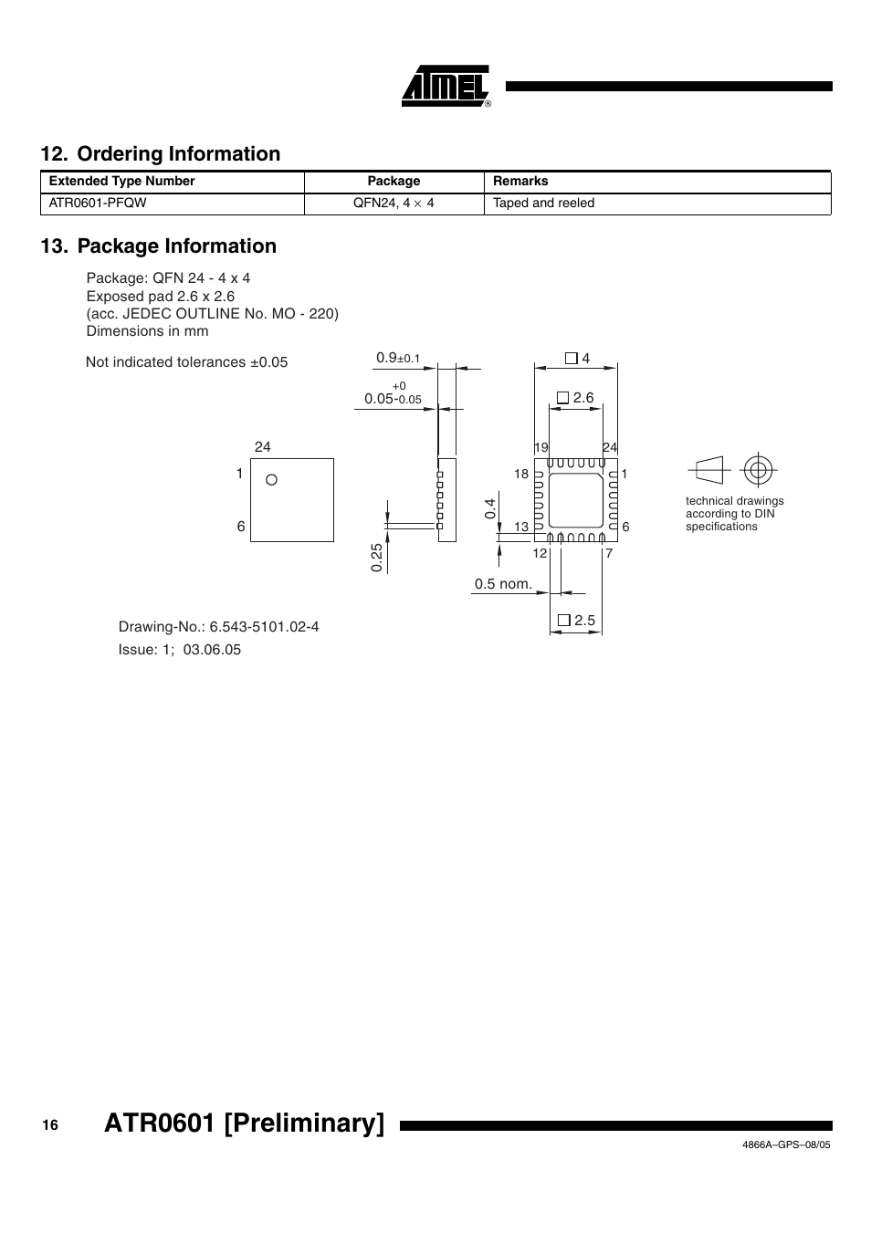 Atr0601 [preliminary, Package information 12. ordering information | Rainbow Electronics ATR0601 User Manual | Page 16 / 17