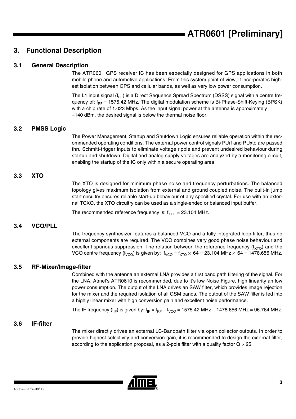 Atr0601 [preliminary, Functional description, 1 general description | 2 pmss logic, 3 xto, 4 vco/pll, 5 rf-mixer/image-filter, 6 if-filter | Rainbow Electronics ATR0601 User Manual | Page 3 / 17