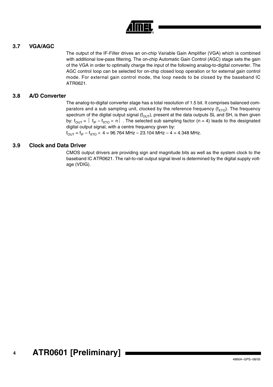 Atr0601 [preliminary, 7 vga/agc, 8 a/d converter | 9 clock and data driver | Rainbow Electronics ATR0601 User Manual | Page 4 / 17