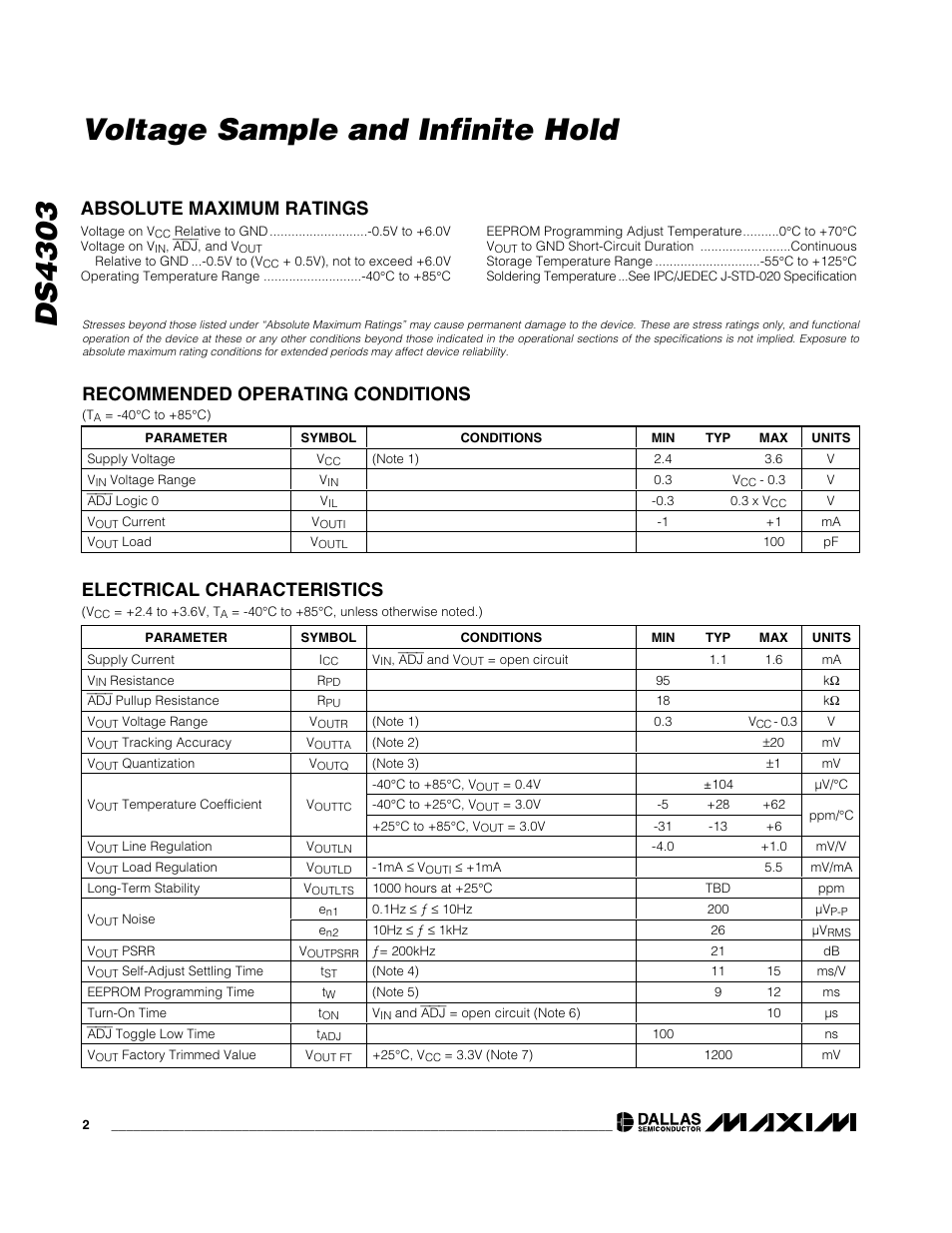 Ds4303 voltage sample and infinite hold, Electrical characteristics | Rainbow Electronics DS4303 User Manual | Page 2 / 8