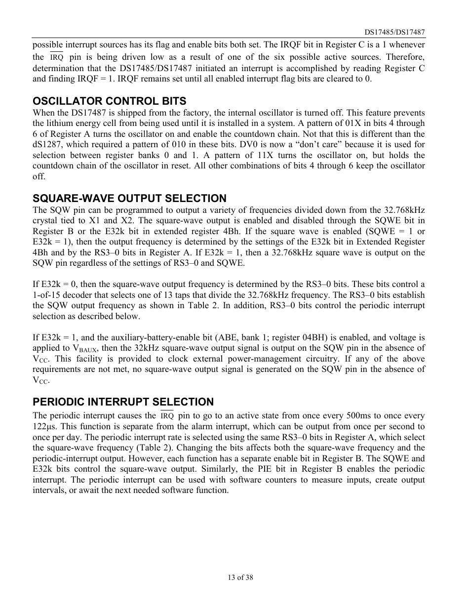 Oscillator control bits, Square-wave output selection, Periodic interrupt selection | Rainbow Electronics DS17487 User Manual | Page 13 / 38