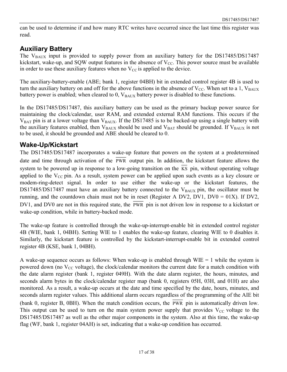Auxiliary battery, Wake-up/kickstart | Rainbow Electronics DS17487 User Manual | Page 17 / 38