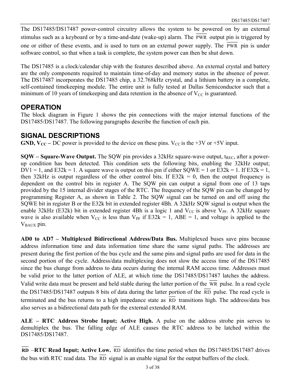 Operation, Signal descriptions | Rainbow Electronics DS17487 User Manual | Page 3 / 38