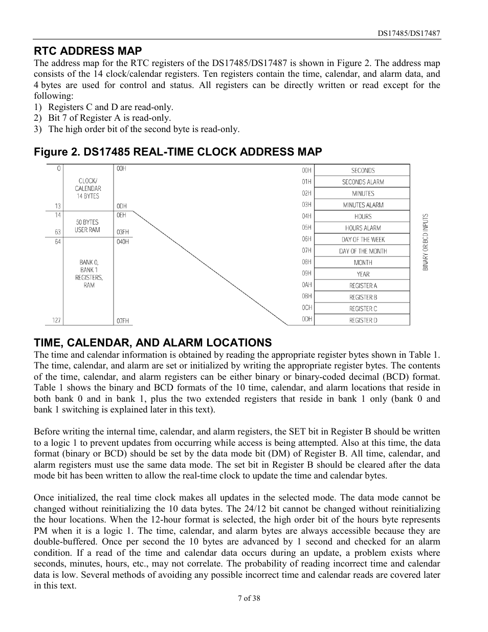 Rtc address map, Time, calendar, and alarm locations | Rainbow Electronics DS17487 User Manual | Page 7 / 38