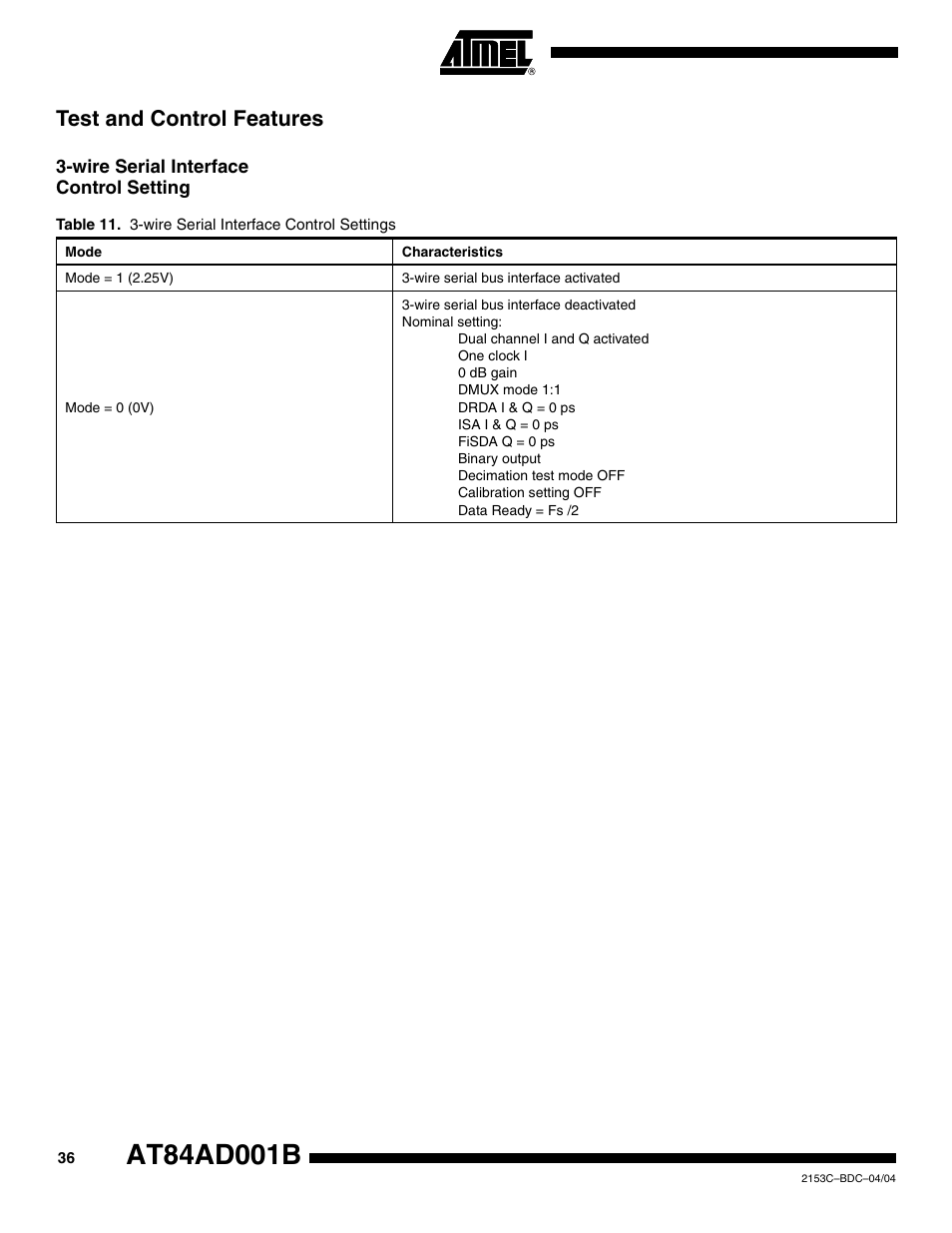 Test and control features, Wire serial interface control setting | Rainbow Electronics AT84AD001B User Manual | Page 36 / 60