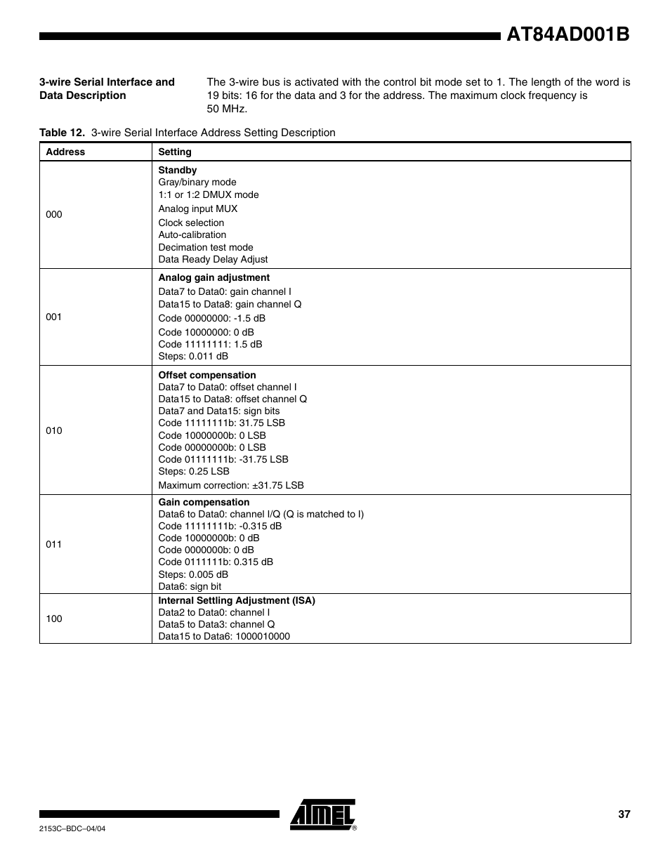 Wire serial interface and data description | Rainbow Electronics AT84AD001B User Manual | Page 37 / 60