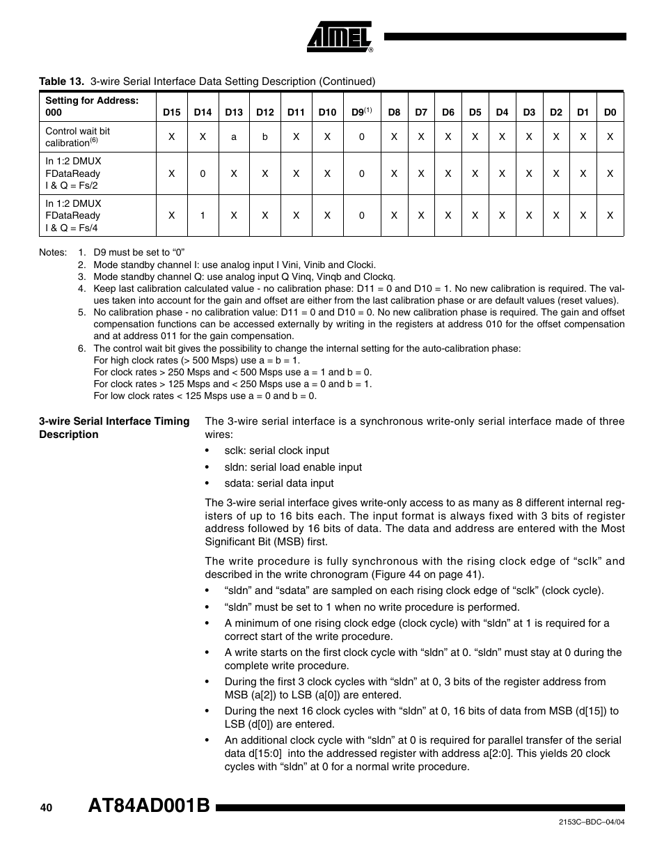 Wire serial interface timing description | Rainbow Electronics AT84AD001B User Manual | Page 40 / 60