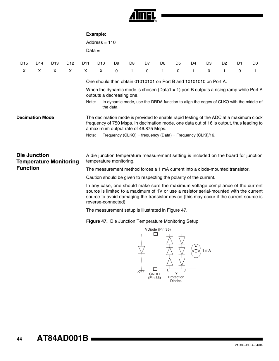 Decimation mode, Die junction temperature monitoring function | Rainbow Electronics AT84AD001B User Manual | Page 44 / 60