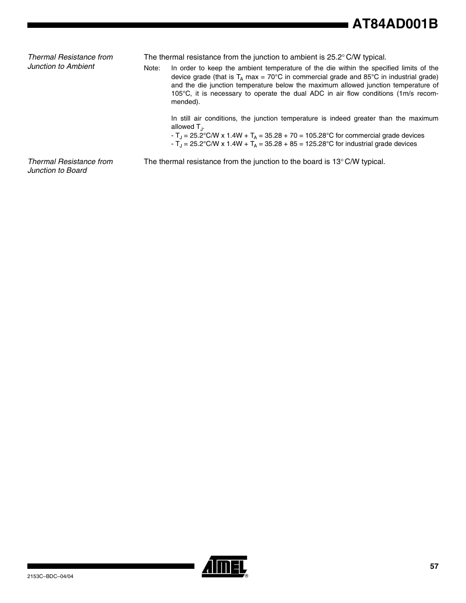Thermal resistance from junction to ambient, Thermal resistance from junction to board | Rainbow Electronics AT84AD001B User Manual | Page 57 / 60