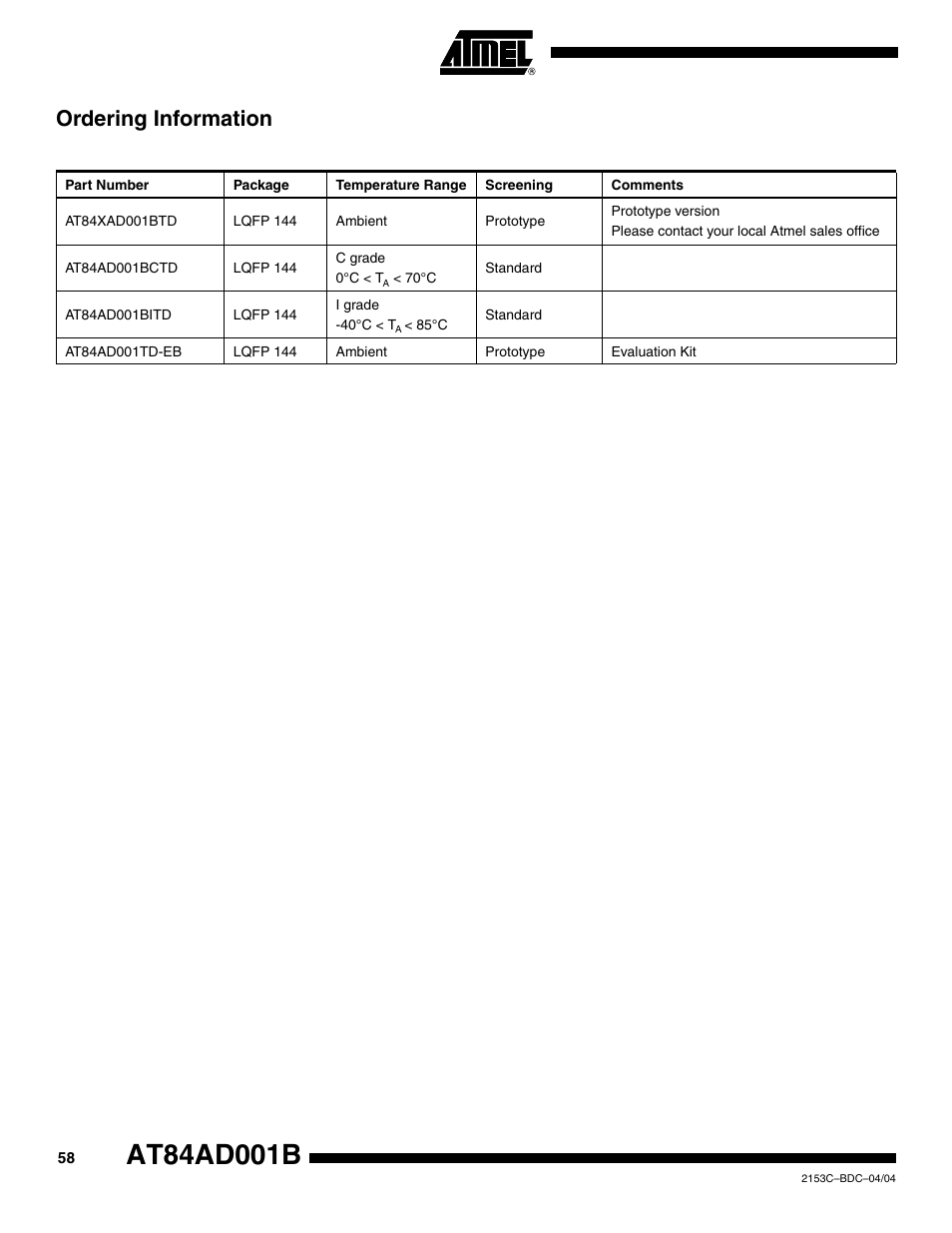 Ordering information | Rainbow Electronics AT84AD001B User Manual | Page 58 / 60