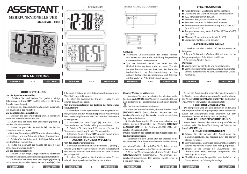Mehrfunkyionelle uhr, Bedienanleitung | ASSISTANT AH-1046 User Manual | Page 3 / 4