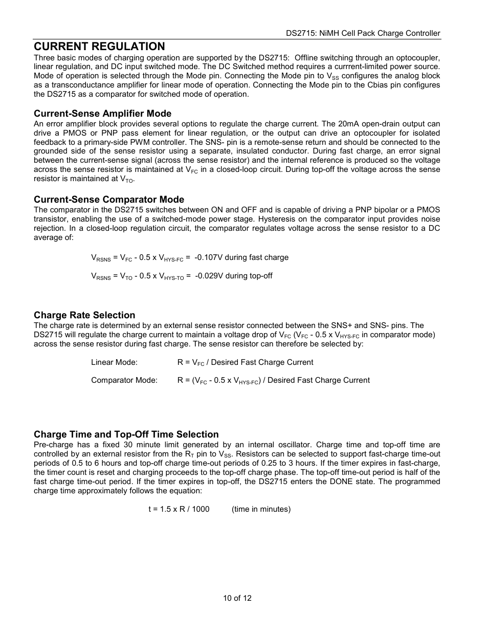 Current regulation, Current-sense amplifier mode, Current-sense comparator mode | Charge rate selection, Charge time and top-off time selection | Rainbow Electronics DS2715 User Manual | Page 10 / 12