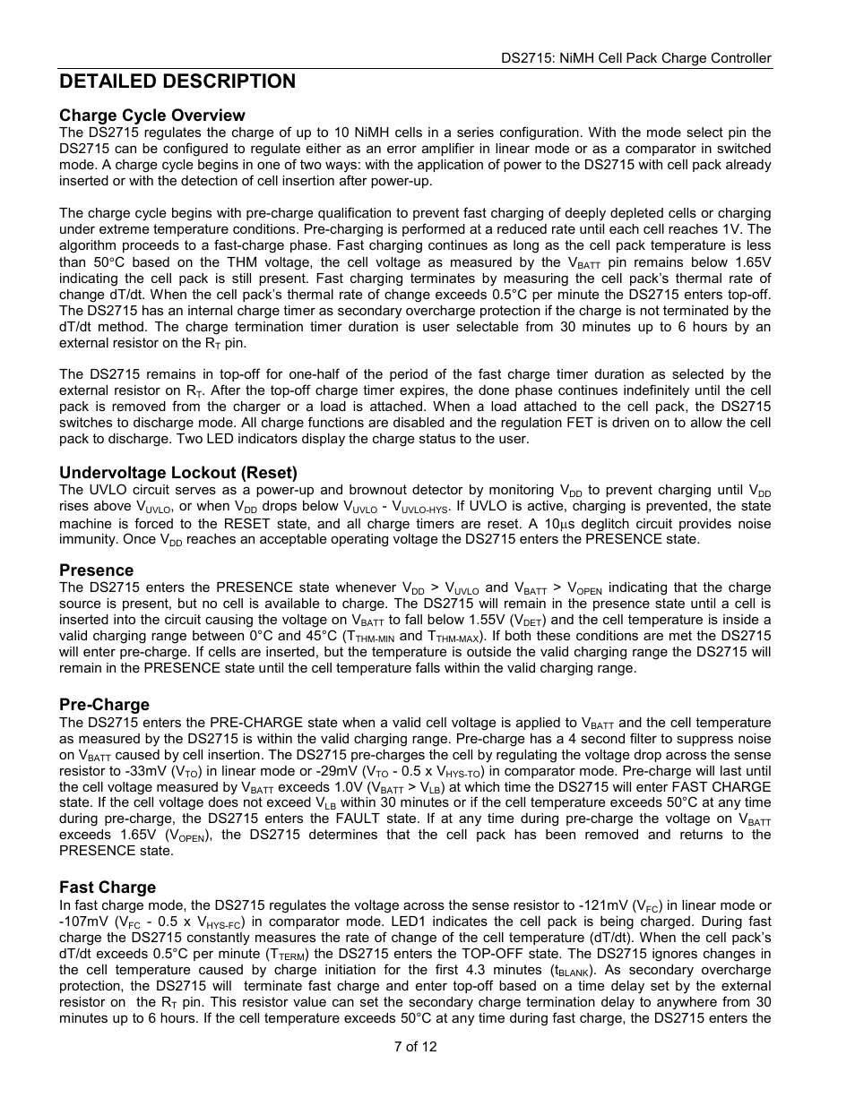 Detailed description, Charge cycle overview, Undervoltage lockout (reset) | Presence, Pre-charge, Fast charge | Rainbow Electronics DS2715 User Manual | Page 7 / 12