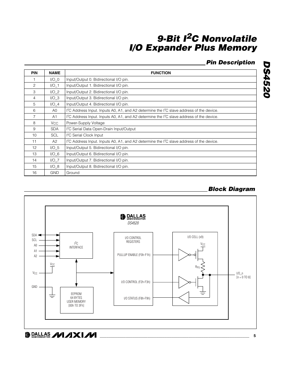 Pin description, Block diagram | Rainbow Electronics DS4520 User Manual | Page 5 / 10