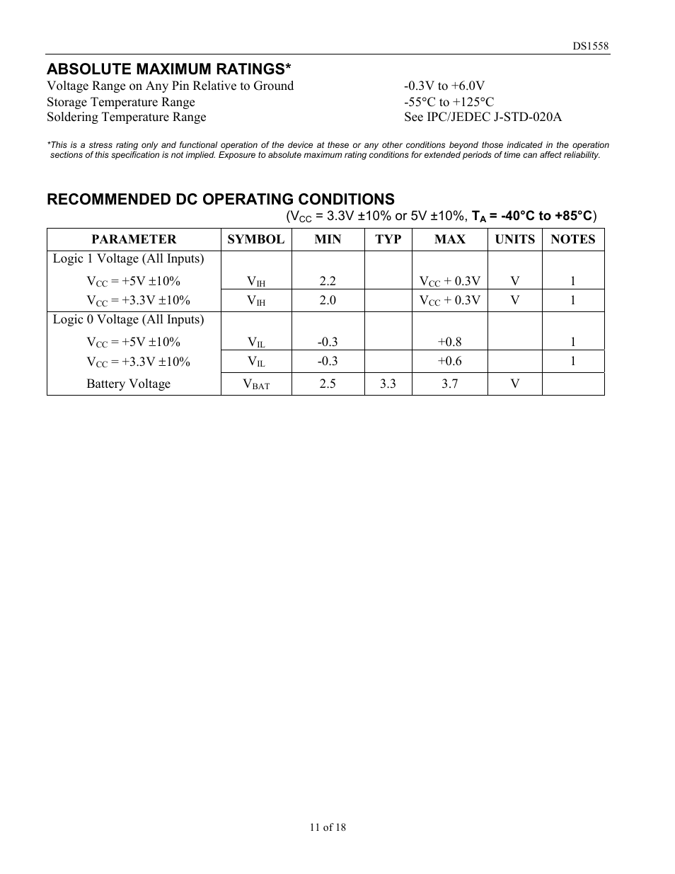 Absolute maximum ratings, Recommended dc operating conditions | Rainbow Electronics DS1558Y User Manual | Page 11 / 18