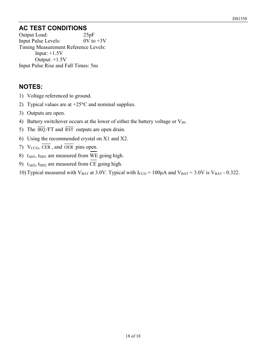 Ac test conditions | Rainbow Electronics DS1558Y User Manual | Page 18 / 18