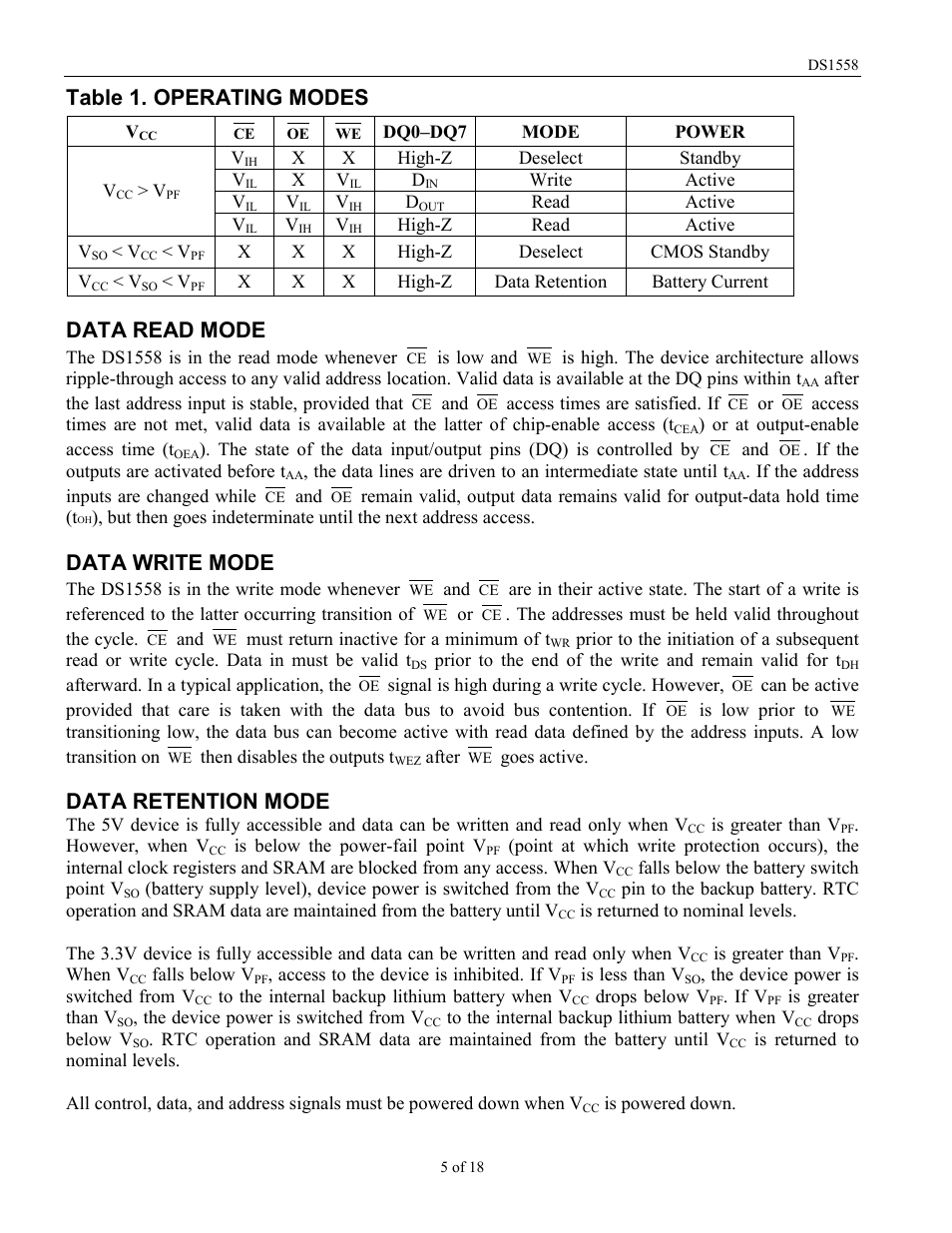 Table 1. operating modes, Data read mode, Data write mode | Data retention mode | Rainbow Electronics DS1558Y User Manual | Page 5 / 18
