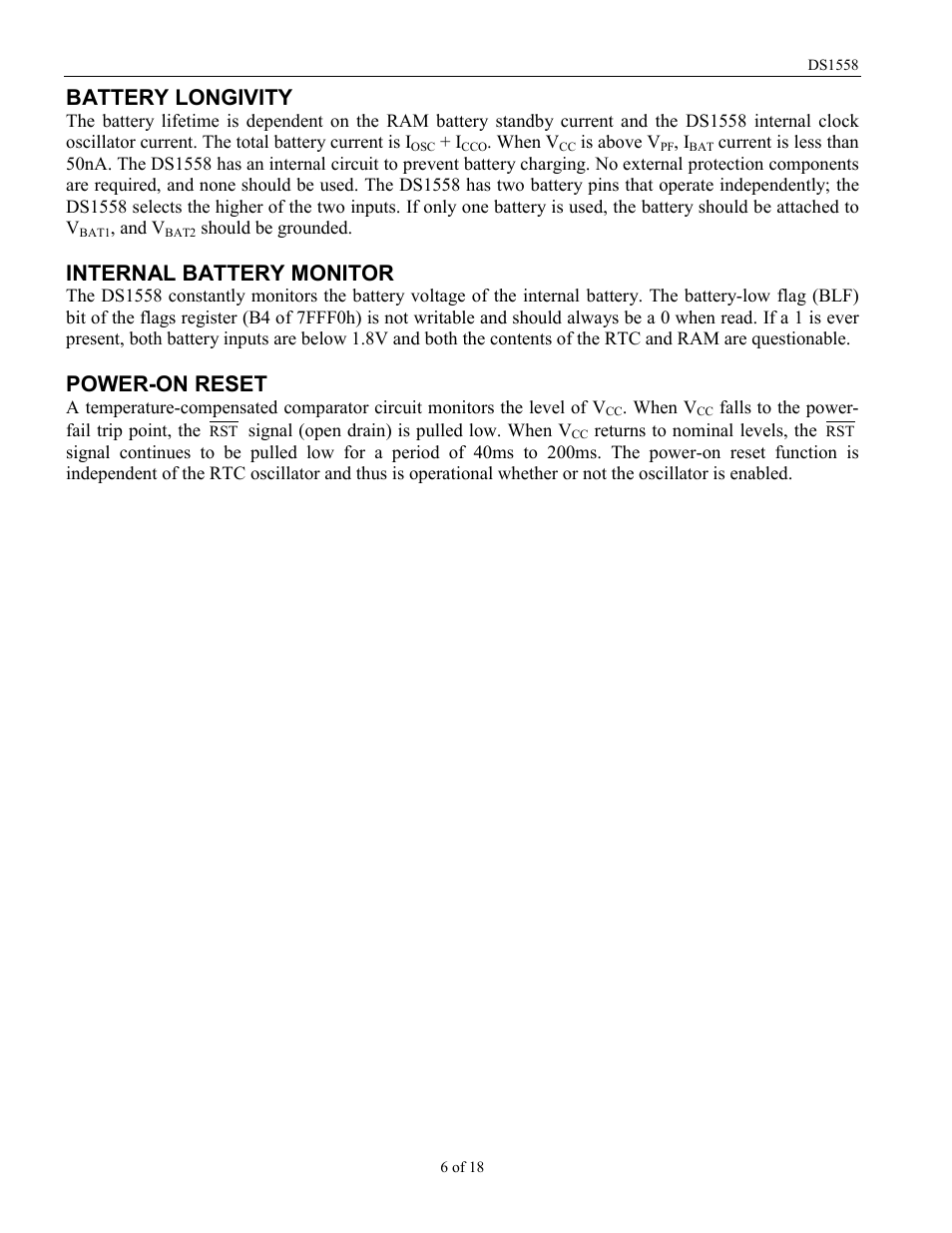 Battery longivity, Internal battery monitor, Power-on reset | Rainbow Electronics DS1558Y User Manual | Page 6 / 18