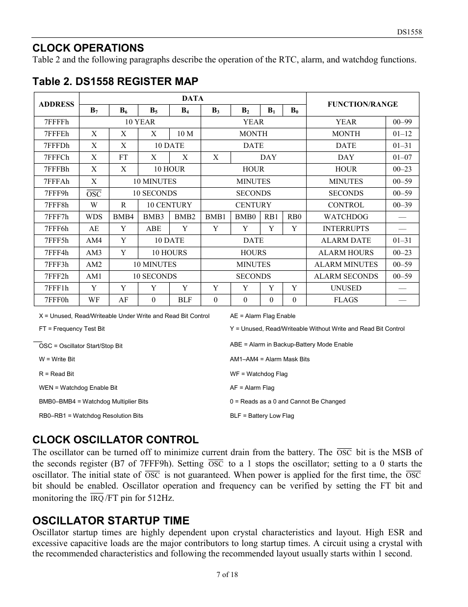 Oscillator startup time, Clock operations, Clock oscillator control | Rainbow Electronics DS1558Y User Manual | Page 7 / 18