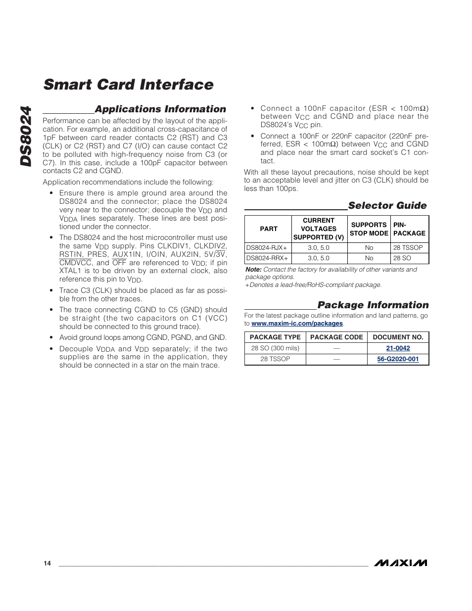 Ds8024 smart card interface, Applications information, Selector guide | Package information | Rainbow Electronics DS8024 User Manual | Page 14 / 15