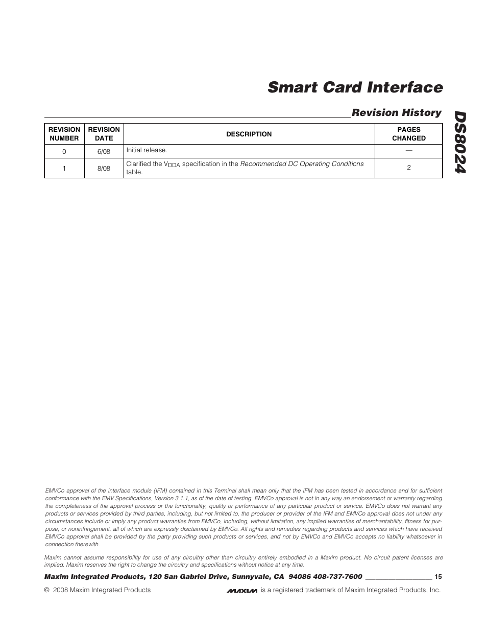 Ds8024 smart card interface, Revision history | Rainbow Electronics DS8024 User Manual | Page 15 / 15