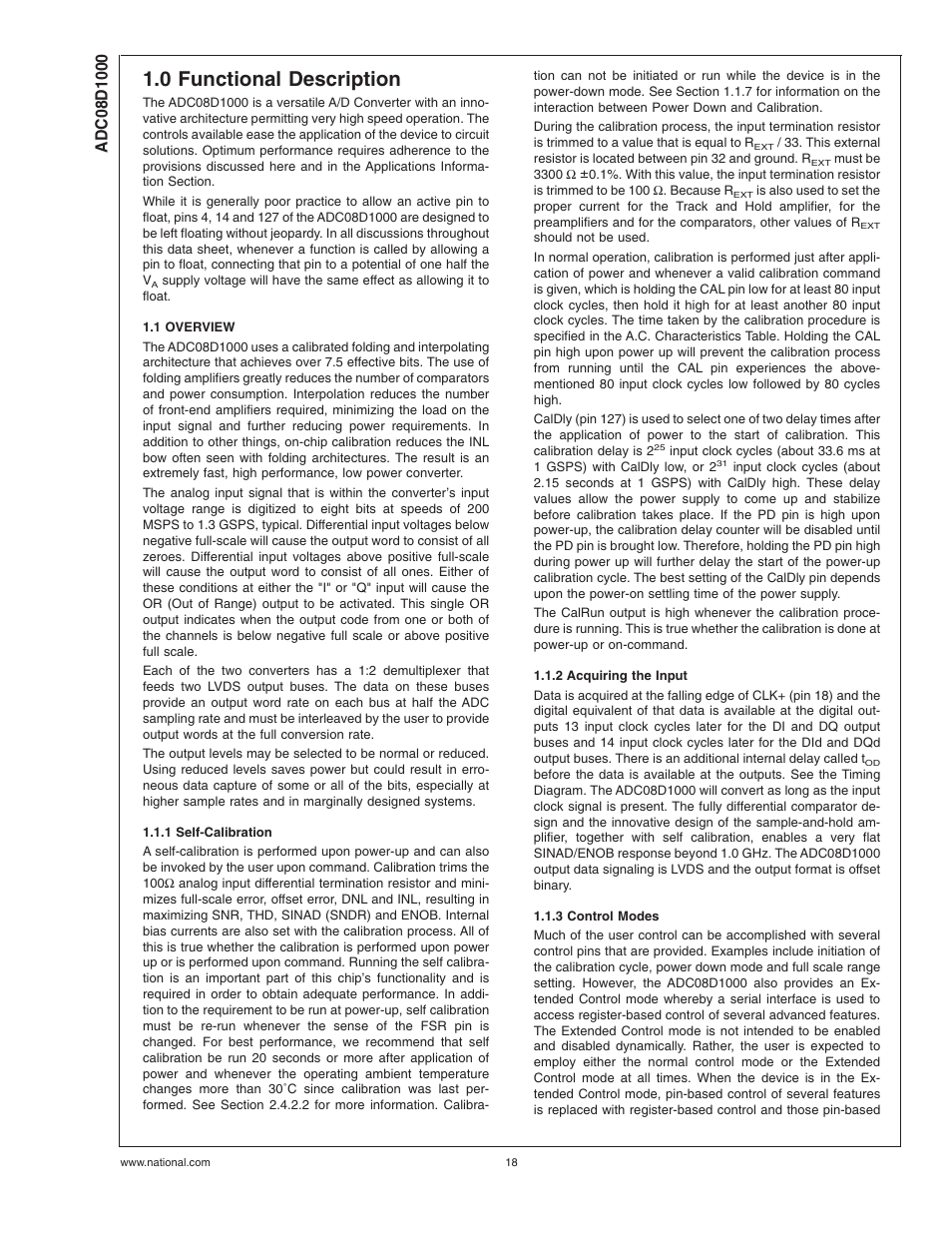 0 functional description, 1 overview, 1 self-calibration | 2 acquiring the input, 3 control modes | Rainbow Electronics ADC08D1000 User Manual | Page 18 / 32