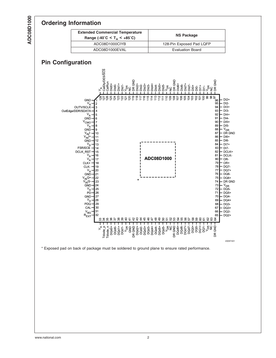 Ordering information, Pin configuration | Rainbow Electronics ADC08D1000 User Manual | Page 2 / 32