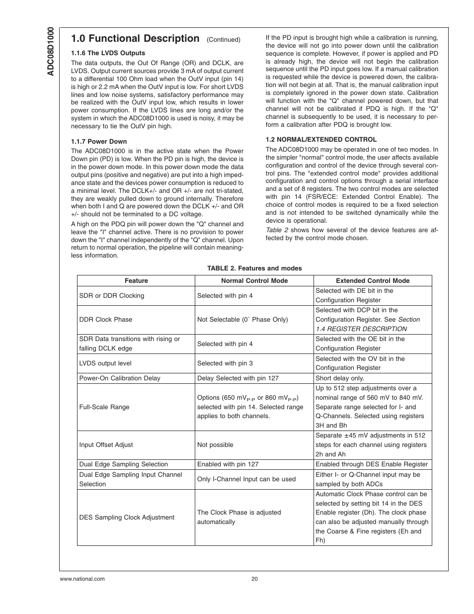 6 the lvds outputs, 7 power down, 2 normal/extended control | Table 2. features and modes, 0 functional description | Rainbow Electronics ADC08D1000 User Manual | Page 20 / 32