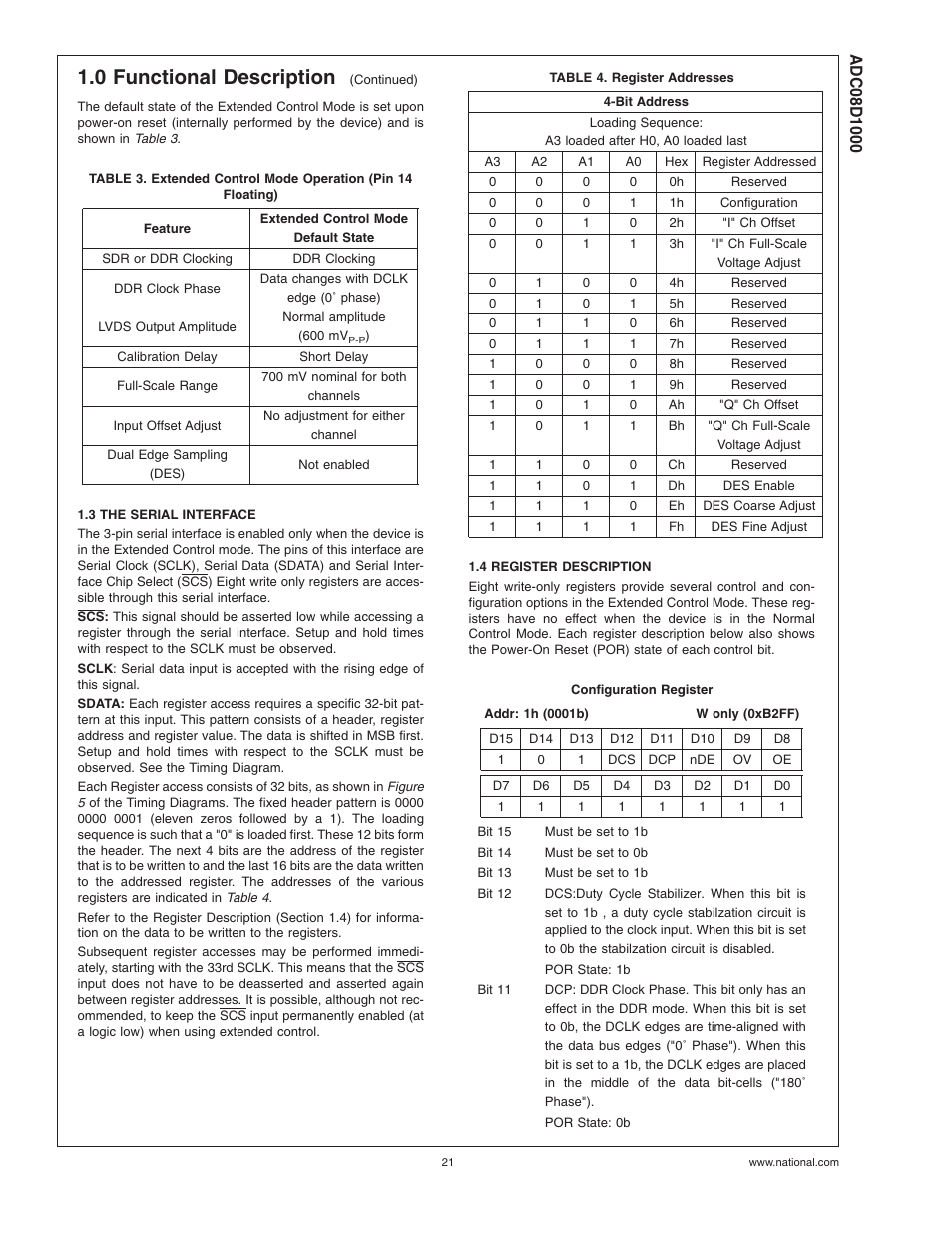 3 the serial interface, Table 4. register addresses, 4 register description | Configuration register, 0 functional description | Rainbow Electronics ADC08D1000 User Manual | Page 21 / 32