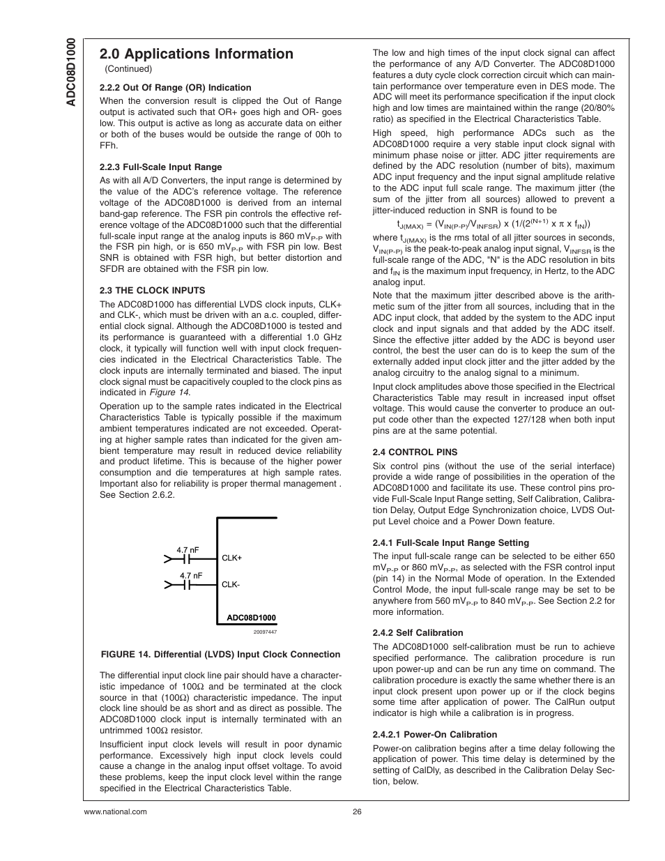 2 out of range (or) indication, 3 full-scale input range, 3 the clock inputs | 4 control pins, 1 full-scale input range setting, 2 self calibration, 1 power-on calibration, 0 applications information | Rainbow Electronics ADC08D1000 User Manual | Page 26 / 32