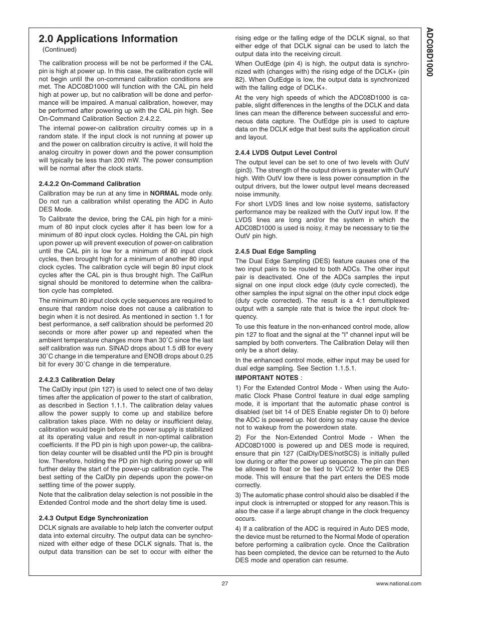 2 on-command calibration, 3 calibration delay, 3 output edge synchronization | 4 lvds output level control, 5 dual edge sampling, 0 applications information | Rainbow Electronics ADC08D1000 User Manual | Page 27 / 32