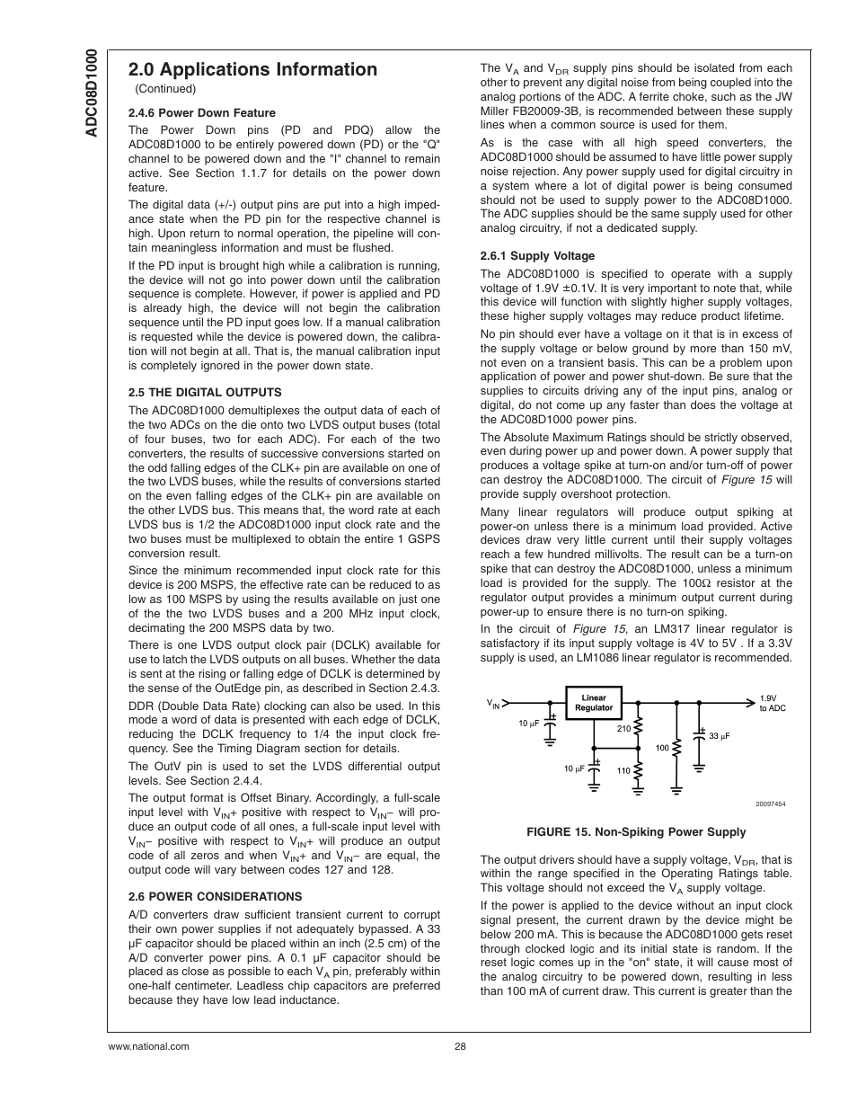 6 power down feature, 5 the digital outputs, 6 power considerations | 1 supply voltage, Figure 15. non-spiking power supply, 0 applications information | Rainbow Electronics ADC08D1000 User Manual | Page 28 / 32