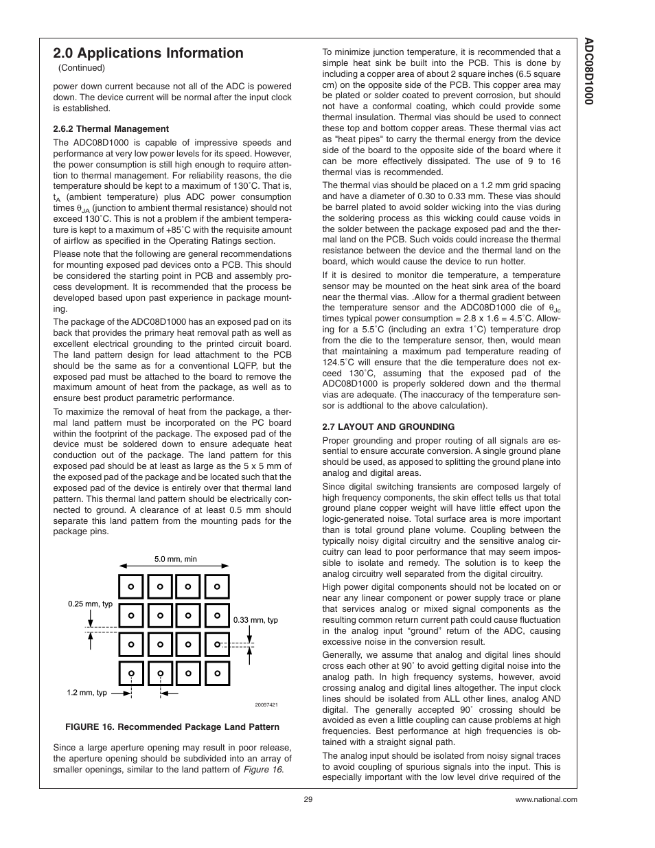 2 thermal management, Figure 16. recommended package land pattern, 7 layout and grounding | 0 applications information | Rainbow Electronics ADC08D1000 User Manual | Page 29 / 32