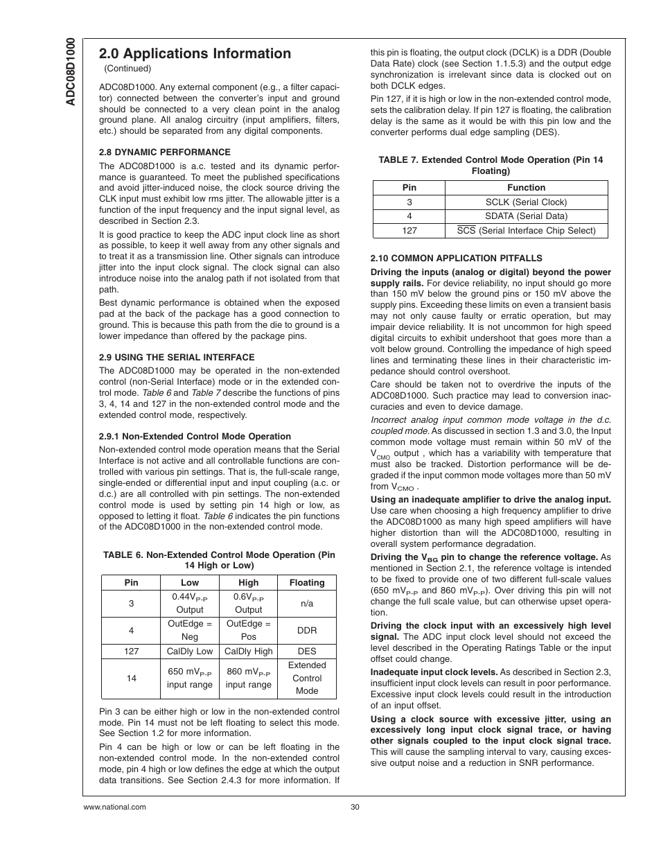 8 dynamic performance, 9 using the serial interface, 1 non-extended control mode operation | 10 common application pitfalls, 0 applications information | Rainbow Electronics ADC08D1000 User Manual | Page 30 / 32