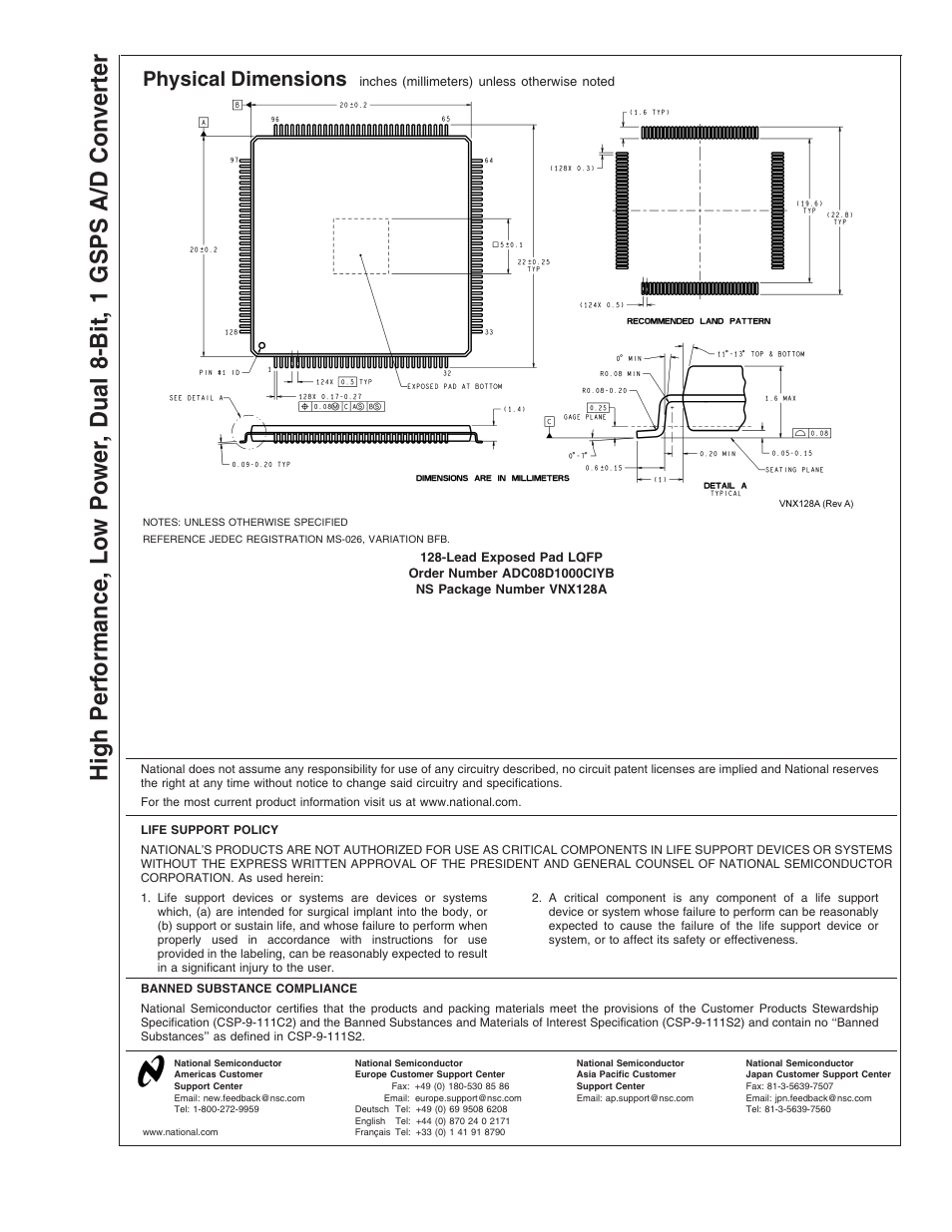 Physical dimensions | Rainbow Electronics ADC08D1000 User Manual | Page 32 / 32