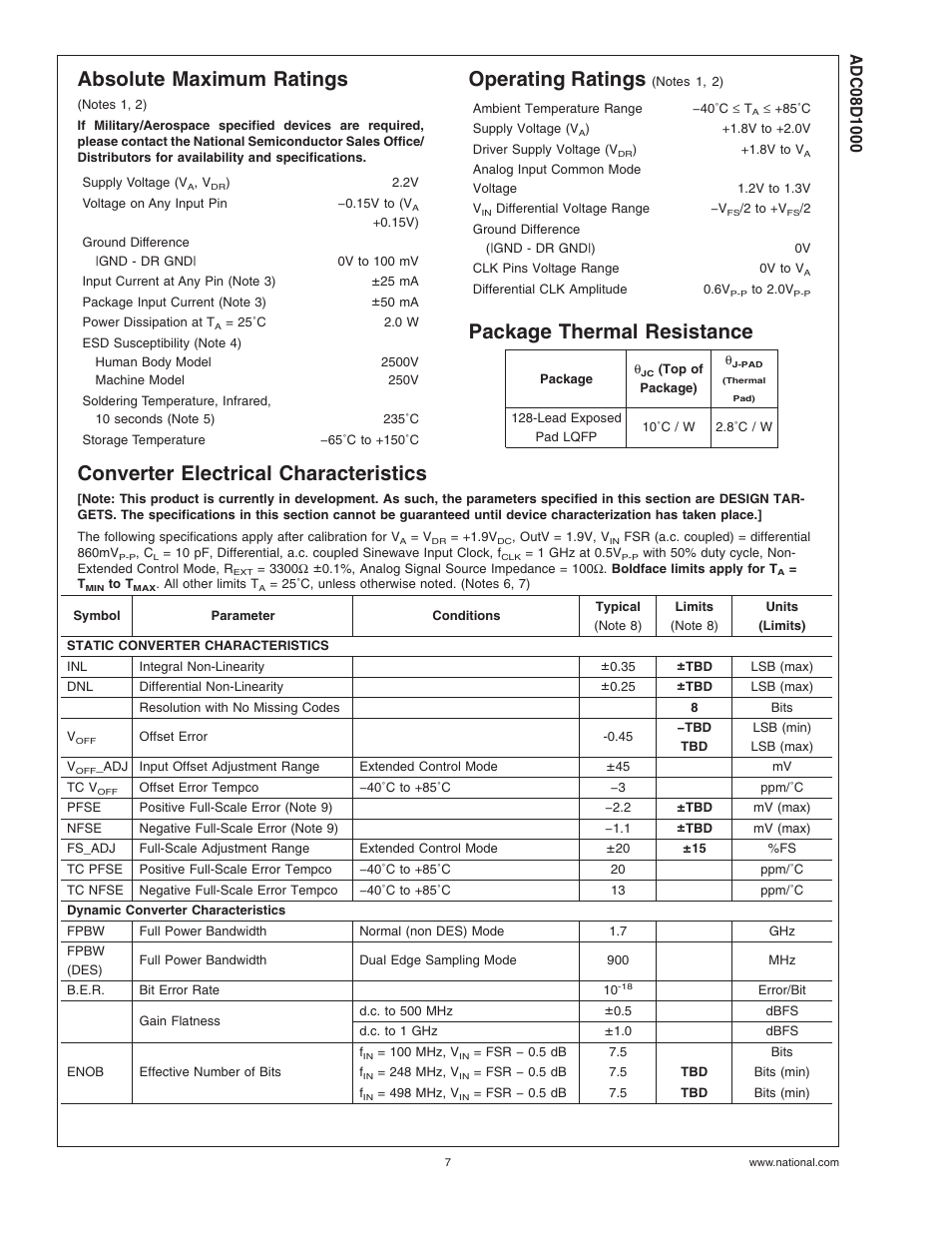 Absolute maximum ratings, Operating ratings (notes , ), Package thermal resistance | Converter electrical characteristics, Operating ratings | Rainbow Electronics ADC08D1000 User Manual | Page 7 / 32