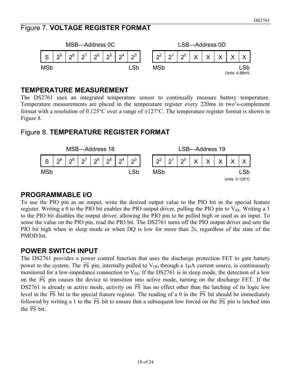 Figure 7. voltage register format, Temperature measurement, Figure 8. temperature register format | Programmable i/o, Power switch input | Rainbow Electronics DS2761 User Manual | Page 10 / 24