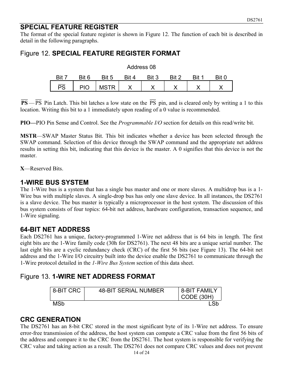 Special feature register, Figure 12. special feature register format, Wire bus system | Bit net address, Figure 13. 1-wire net address format, Crc generation | Rainbow Electronics DS2761 User Manual | Page 14 / 24