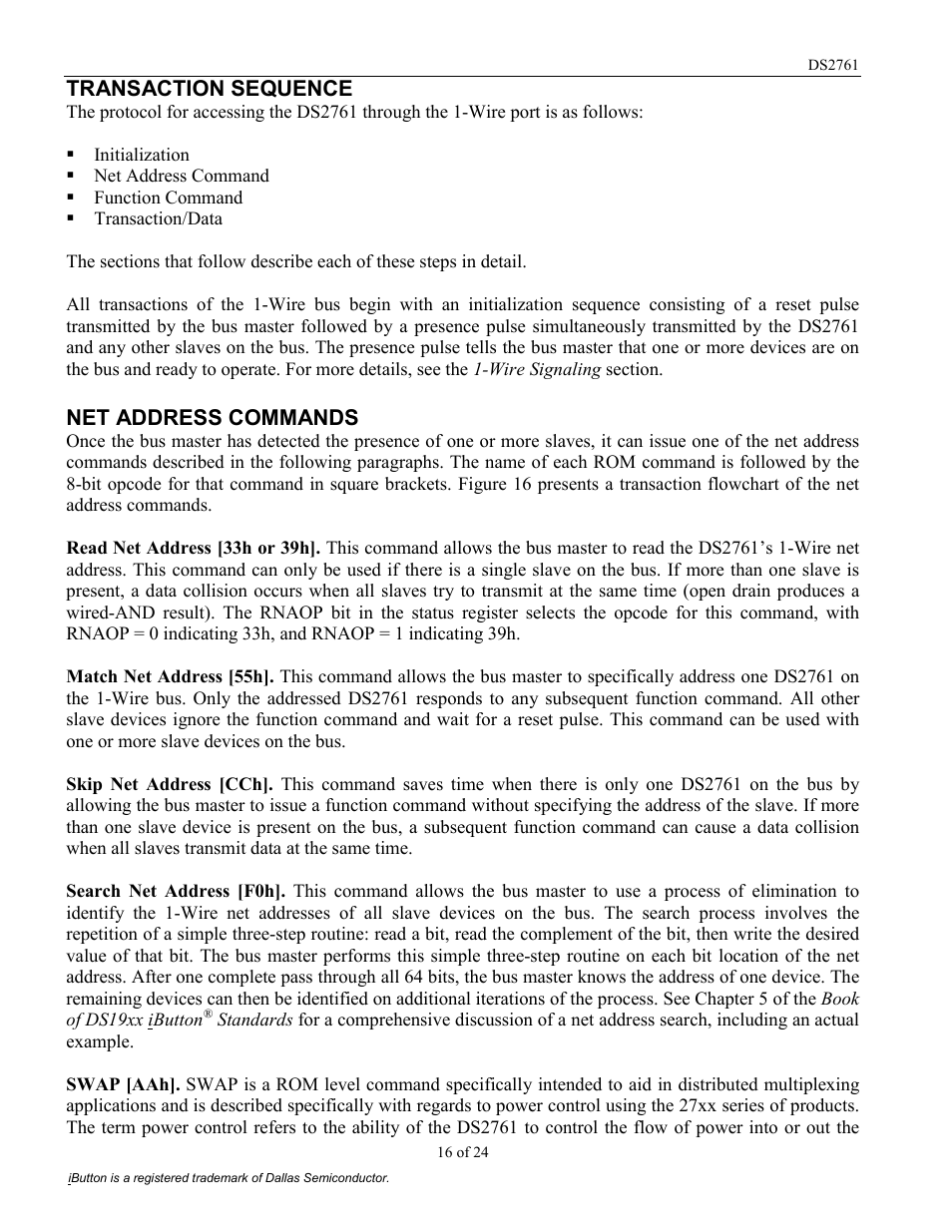 Transaction sequence, Net address commands | Rainbow Electronics DS2761 User Manual | Page 16 / 24