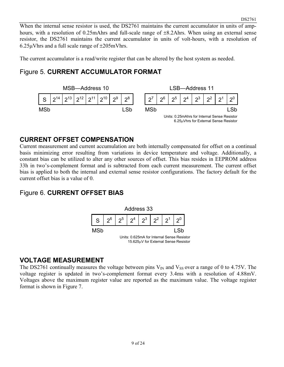Figure 5. current accumulator format, Current offset compensation, Figure 6. current offset bias | Voltage measurement | Rainbow Electronics DS2761 User Manual | Page 9 / 24