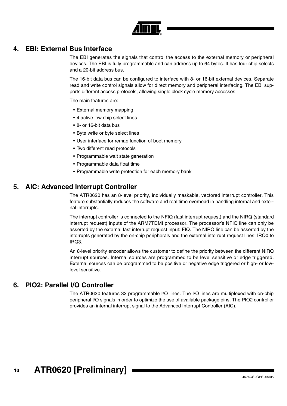 Atr0620 [preliminary, Ebi: external bus interface, Aic: advanced interrupt controller | Pio2: parallel i/o controller | Rainbow Electronics ATR0620 User Manual | Page 10 / 15