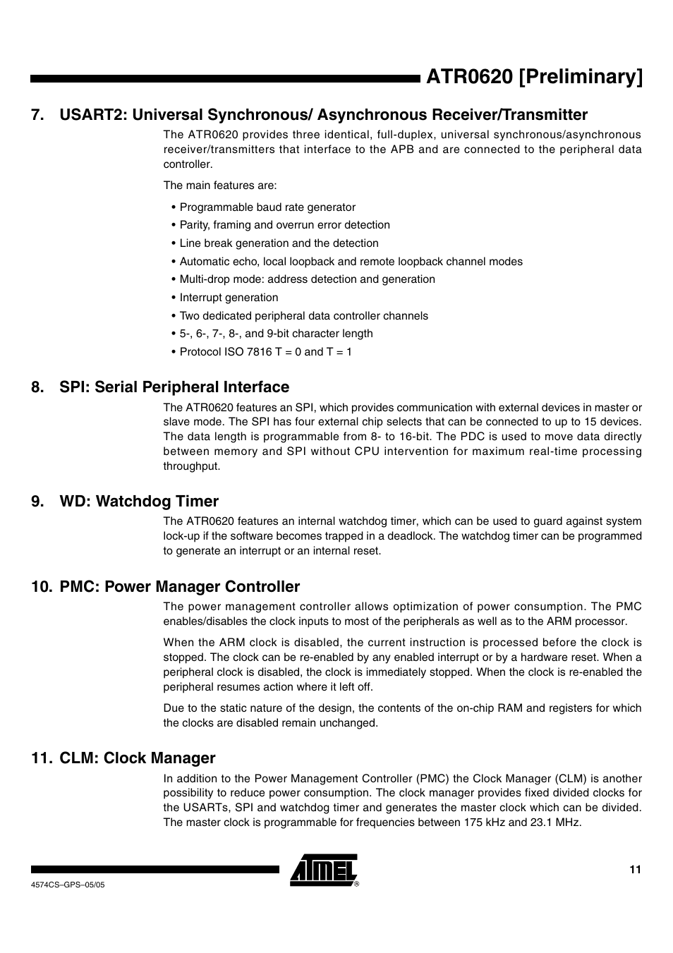 Atr0620 [preliminary, Spi: serial peripheral interface, Wd: watchdog timer | Pmc: power manager controller, Clm: clock manager | Rainbow Electronics ATR0620 User Manual | Page 11 / 15